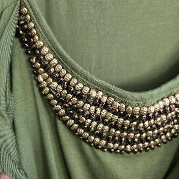 AGB Blouse Women XL Green Gold Beaded Water Fall Short Sleeve Strecty New - Picture 10 of 15
